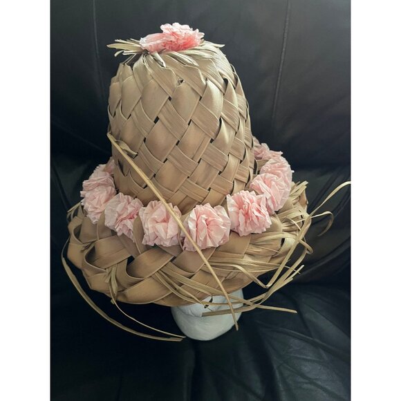 Vtg 1967 Hat Women’s Pink Hawaiian Handmade Palm Frond Woven 7″ x 10 1/2″ - Picture 3 of 6
